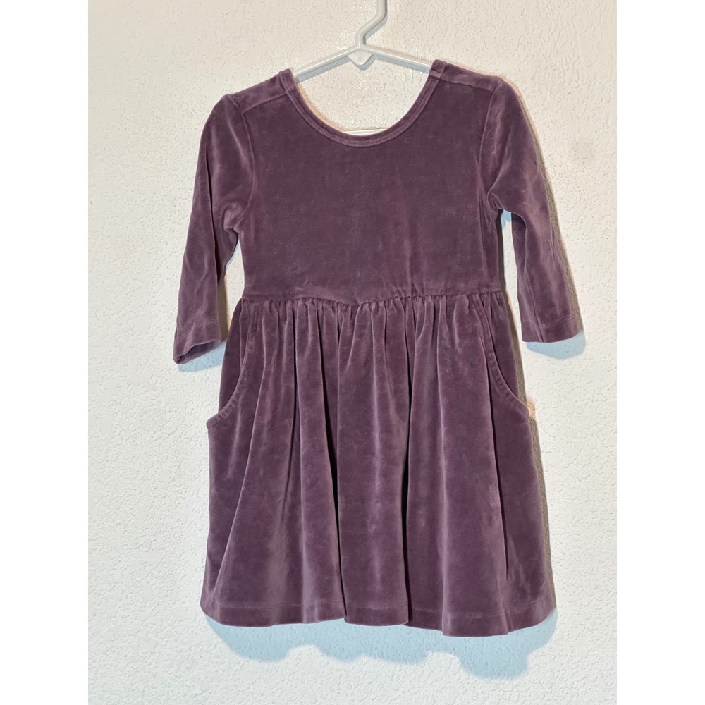 RuffleButts Kids Purple Velour Long Sleeve Bow Back Pocket Dress 4T
